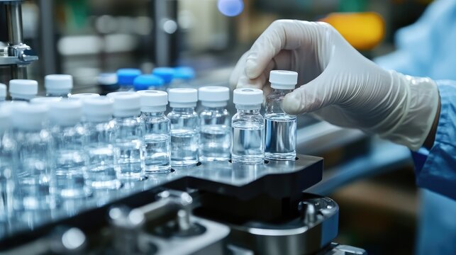 A gloved hand handles small vials in a manufacturing setting