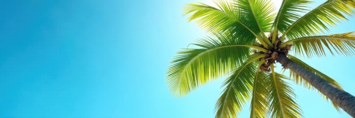 Fototapeta premium Tilted palm tree, vivid green leaves, sunny sky backdrop, one tree, image, single