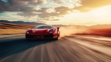 Dynamic Red Sports Car Spinning Through Desert Landscape at Sunset