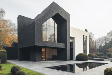 a black and white house with a clock on the front of it's face and windows on the side