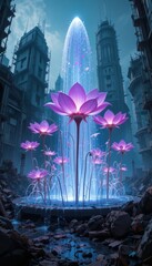 Futuristic Cityscape Fantasy Glowing Lotus Flowers Enchanting a Water Fountain Amidst Ruins