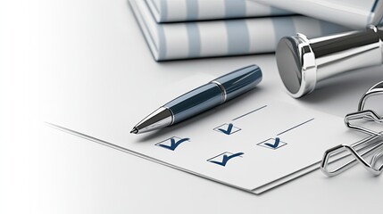 A pen rests next to a checkmark on a blank list, symbolizing task completion and organization in a clean, minimalistic setting.
