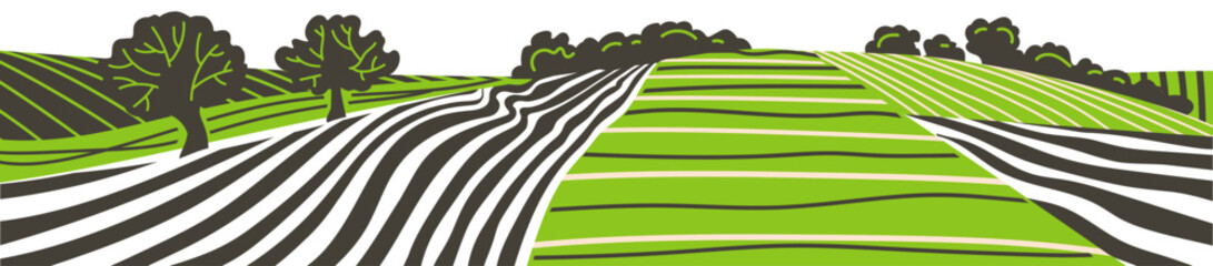 Green grass field on small hills. Meadow, alkali, lye, grassland, pommel, lea, pasturage, farm. Rural scenery landscape panorama of countryside pastures. Vector sketch line illustration