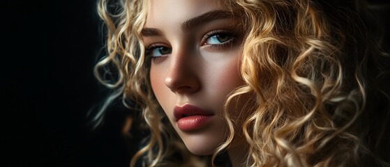 Fototapeta premium Captivating portrait of a blonde female model with dramatic curly hair mesmerizing blue eyes and a mysterious emotive expression against a dark atmospheric background This high contrast
