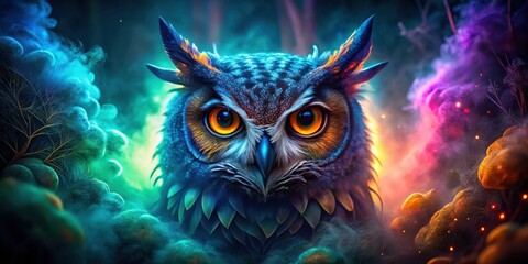Mystical owl eyes glowing in the dark with smoke and shimmering colors, night, forest,  night, forest