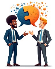 Two men in business attire engage in conversation. Above them, a speech bubble features interlocking puzzle pieces, symbolizing collaboration.