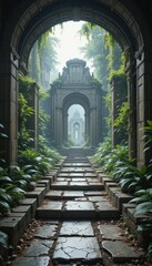 Fototapeta premium Stone pathway through overgrown ancient ruins leading to a distant temple A mystical journey awaits