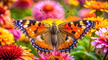 Fototapeta premium A large, colorful butterfly with bright orange and black wings, featuring distinctive eyespots on its hindwings, perched on a stem in a garden full of flowers , butterfly, colorfull