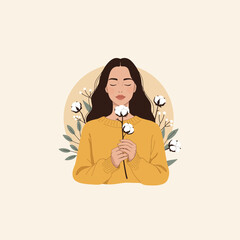 Woman Holding Cotton Flower Meditating with Eyes Closed in Tranquility