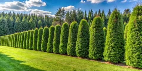 Hedge of green thuja on a sunny day surrounded by landscaped yard among pine trees