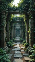 Naklejka premium Ancient Stone Pathway Overgrown with Lush Greenery Mysterious Ruins