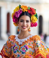 Vibrant Cultural Heritage Cinco de Mayo Festive Fashion Portrait - Authentic Mexican Traditional Dress with Floral Crown, Celebrating Artisan Craftsmanship and Generational Style Inspiration
