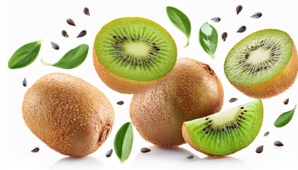 Fototapeta premium fresh ripe kiwi green fruit whole and slices with drops and seeds falling flying isolated on white