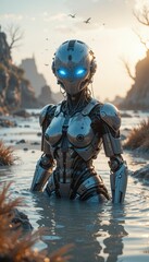 Fototapeta premium Futuristic Female Robot Wading in Coastal Waters at Sunset A Sci Fi Scene