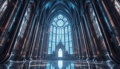 Futuristic Gothic Cathedral Interior Grand Hall with Stained Glass Window