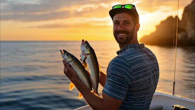 Fisherman with catch at sunset, boat, ocean