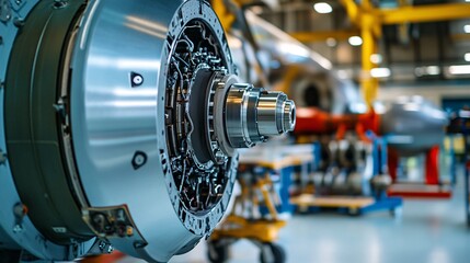 Fototapeta premium Close-Up View of Turbine Engine in Aircraft Manufacturing Facility