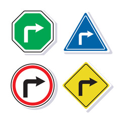 Set of Turn right traffic road sign with black and white arrow on traffic sign board. Turn right arrow sign symbol