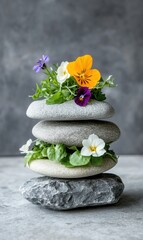 Fototapeta premium Mindful Spring Equinox Wellness Balanced Stone Meditation with Vibrant Edible Flowers - Natural Harmony Styling for Holistic Lifestyle Content