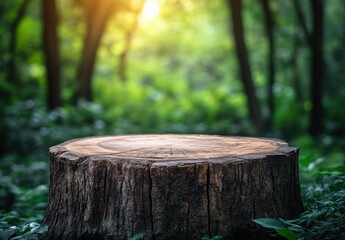Fototapeta premium Close-up View of a Tree Stump Surrounded by Lush Green Foliage in a Sunlit Forest Setting, Capturing the Beauty of Nature's Resilience