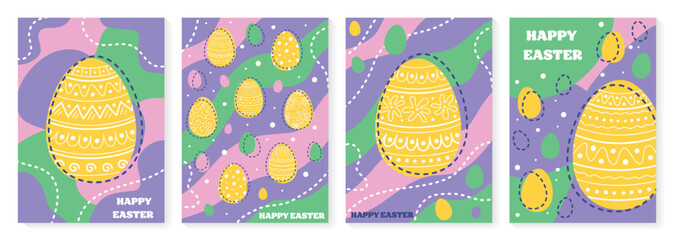 Collection of abstract Easter greeting card with decorative egg. Cartoon style background. Vector illustration