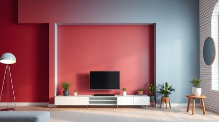 Red Wall Living Room: Modern Interior & TV - Contemporary Design & Home Decor