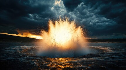 Majestic Water Splash Against Dramatic Clouds and Sunset Sky