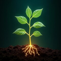 Glowing plant with illuminated roots in fertile soil, symbolizing growth, sustainability, and nature's energy.