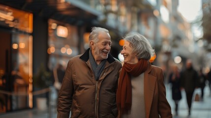 Obraz premium Joyful couple walking hand in hand through a vibrant city street during sunset