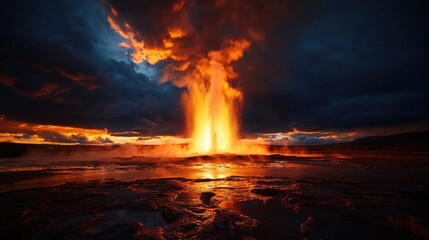 Erupting Geyser Against Dramatic Sunset Sky in Vibrant Colors