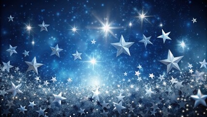 Glittering celestial scene with realistic silver stars on a dark blue background