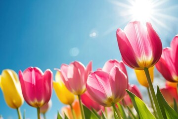 Fototapeta premium Vibrant Spring Equinox Renewal Luminous Tulip Field Celebrating Seasonal Awakening with Color-Saturated Botanical Wellness Design