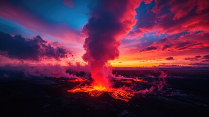 Spectacular Eruption of Volcano at Sunset with Vibrant Sky Colors
