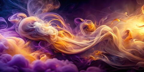 Obraz premium Ethereal swirling smoke floats amidst a glowing abstract background with vibrant purple hues and soft golden undertones, creating an otherworldly ambiance, purple, glowing