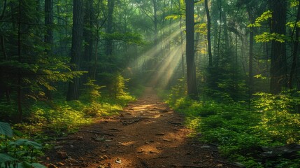 Obraz premium Sunlit Forest Path Morning Mist, Hiking Trail