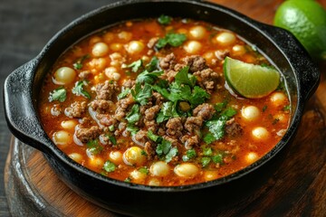 Hominy Pozole Rojo Soup with Spicy Mincemeat, Corn, and Beans in Cast-Iron Dish