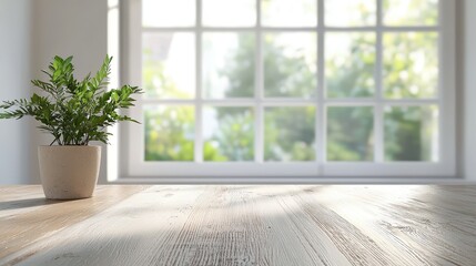 Fototapeta premium A serene indoor scene featuring a potted plant on a wooden surface, with a backdrop of a bright window showcasing greenery outside.