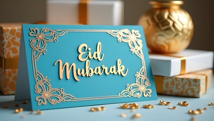 Elegant Eid Mubarak greeting card with gift boxes. AI generated.