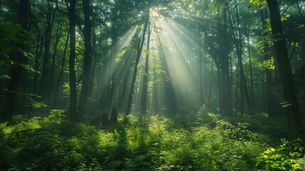 Obraz premium Sunbeams pierce misty forest illuminating lush green undergrowth