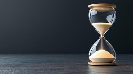 A sleek hourglass sits on a wooden surface, showcasing flowing sand against a dark background, symbolizing the passage of time.