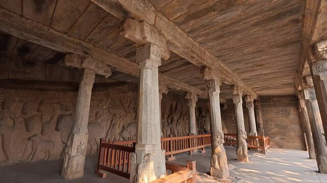 Exclusive Monolithic Rock Carved- Krishna Mandapam is UNESCO's World Heritage Site located at Mamallapuram or Mahabalipuram in Tamil Nadu, South India. Very ancient place in the world.