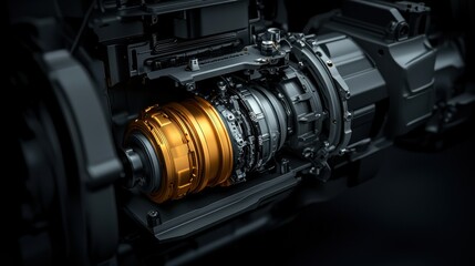 A detailed view of a transmission system showcasing intricate components, including a shiny orange gear and metallic parts against a dark background.