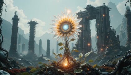 Futuristic Bio Mechanical Flower Thriving in Post Apocalyptic Ruins