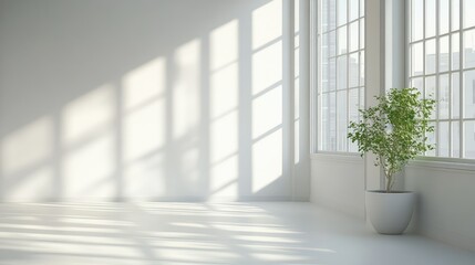 Fototapeta premium Bright and Airy Modern Interior with Large Windows Casting Shadows and Potted Plant in a Minimalist Space for Home Decor Inspiration