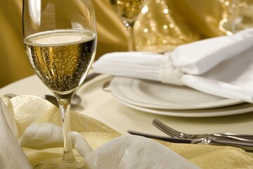 Groom holding glass of champagne with toast at elegant table setting. Concept features groom holding glass of champagne with toast, celebrating special moments and joy