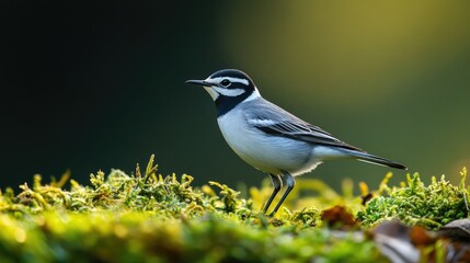 Fototapeta premium A Beautiful Small Bird with Black and White Plumage Standing on Lush Green Moss in a Serene Natural Environment During Early Morning Light