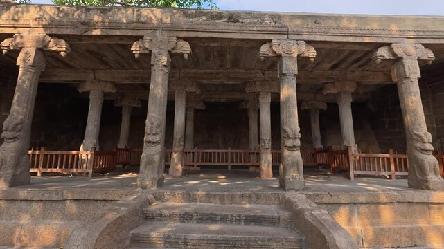 Exclusive Monolithic Rock Carved- Krishna Mandapam is UNESCO's World Heritage Site located at Mamallapuram or Mahabalipuram in Tamil Nadu, South India. Very ancient place in the world.