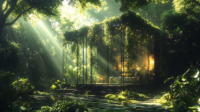 House made entirely of glass nestled in a tropical jungle with vines growing on the walls and sunlight filtering through the trees ultra realistic 32k full ultra HD high resolution