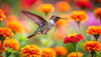 Naklejka premium hummingbird hovering over orange flower amidst colorful blooms , orange blossom