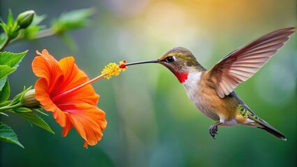 Fototapeta premium Hummingbird sips nectar from a bright orange hibiscus flower with delicate white petals, flora, wildlife photography